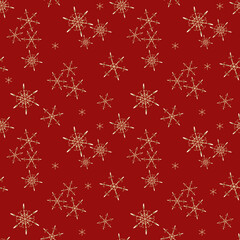 Naklejka na ściany i meble Golden vector snowflakes seamless pattern. Elegant red Christmas and New Year background texture with gold snow, small snowflakes, sparkles. Winter holidays theme. Luxury repeat design for decoration