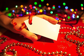A woman's hand holds a white label, on a decorated Christmas background, copy space.