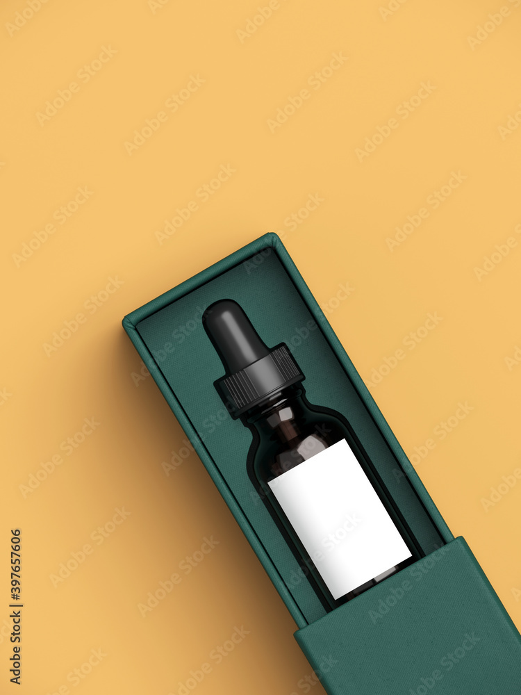 Poster mock-up template for cosmetic branding identity. cosmetic bottle and green open sliding paper box on
