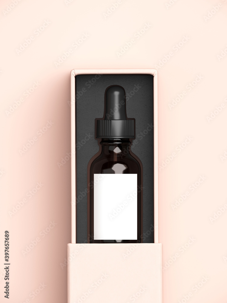 Poster mock-up template for cosmetic branding identity. cosmetic bottle and blank open sliding paper box on