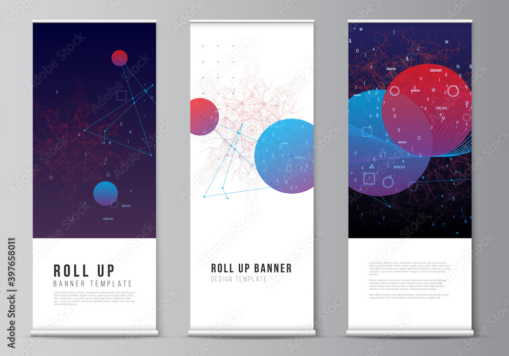 Aufkleber vector layout of roll up mockup templates for vertical flyers, flags design templates, banner stands