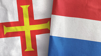Netherlands and Guernsey two flags textile cloth 3D rendering
