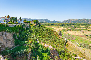 Fototapeta na wymiar Rural area with olive trees plantations as seen from hills of town of Ronda in Andalusia, Spain