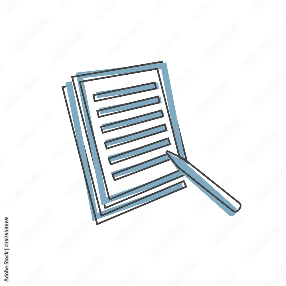 Aufkleber vector document icon with pencil. document verification symbol cartoon style on white isolated backg