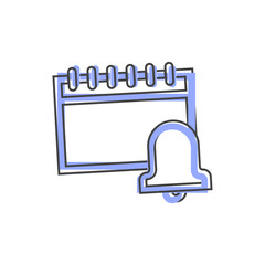 Calendar icon with bell reminder symbol cartoon style on white isolated background.
