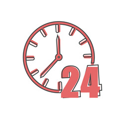 Vector icon of a clock. 24 hours. Vector illustration clock on cartoon style on white isolated background.