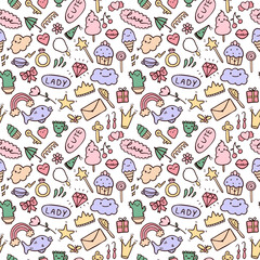 Vector seamless pattern set of doodle icons. Theme for cute girls, princess, sweets, decorations. All images are isolated. Suitable for backgrounds, wrapping paper.