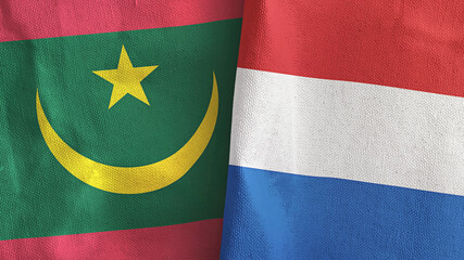 Netherlands and Mauritania two flags textile cloth 3D rendering