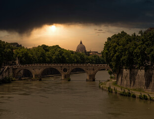 dramatic sky over Rome Italy, Vittorio Emanuele II bridge on Tiber river...