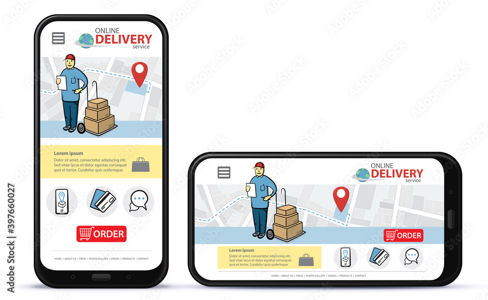 Poster online delivery service vector ui on mobile phone screen. vertical and horizontal responsive design 