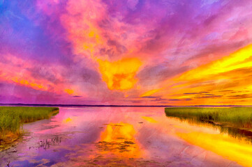 Fototapeta na wymiar Beautiful colorful sunset over the lake colorful painting