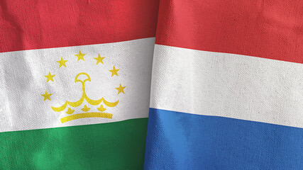 Netherlands and Tajikistan two flags textile cloth 3D rendering