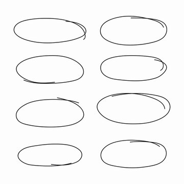 Sketch oval frames. Doodle ellipse, round hand drawn frame and circled doodles. Oval brush or highlighter handwritten circle shapes isolated symbols set.