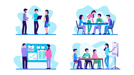 Fototapeta premium People work in office. Set of concepts. Teamwork, communication, meeting. Vector illustration.