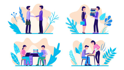 People work in the office. Set of scenes. Flat design. Vector illustration.