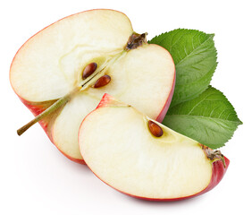 Red apple half and slices isolated on white