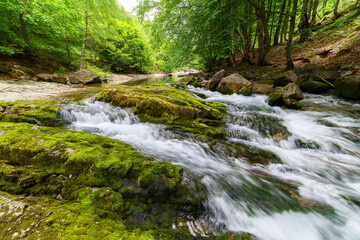 Waterfall in fast river. Water falling on the ground rocks in green landscape and long exposure.
