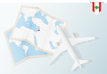 Fototapeta na wymiar Travel to Lebanon, top view airplane with map and flag of Lebanon.