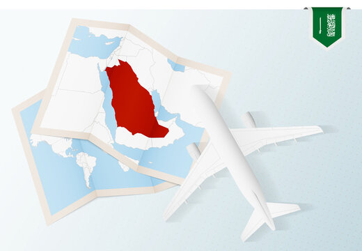 Travel To Saudi Arabia, Top View Airplane With Map And Flag Of Saudi Arabia.