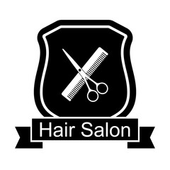 Illustration of Hair salon logo with scissors and combs on white background
