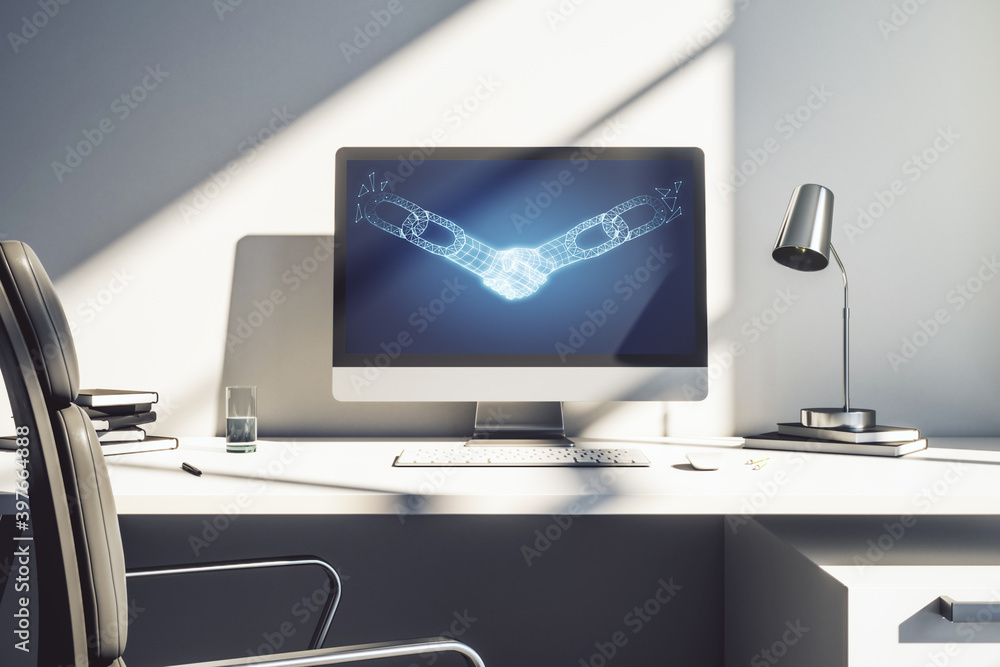 Poster creative concept of blockchain technology with handshake on modern laptop screen. digital money tran