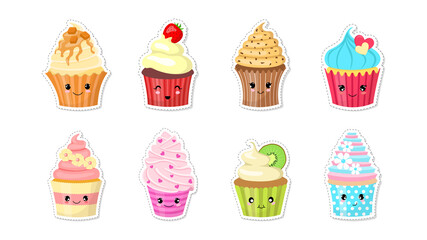 Set of cute character cupcake stickers. Isolated on white background. Vector illustration.
