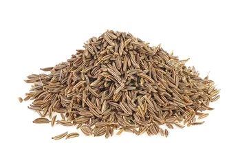 Fotobehang Pile of cumin seeds isolated on a white background. Dried cumin seeds. Caraway. © domnitsky