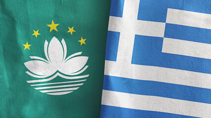 Greece and Macau two flags textile cloth 3D rendering