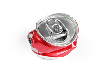 Crumpled soda can isolated on white background. Empty can ready for recycling