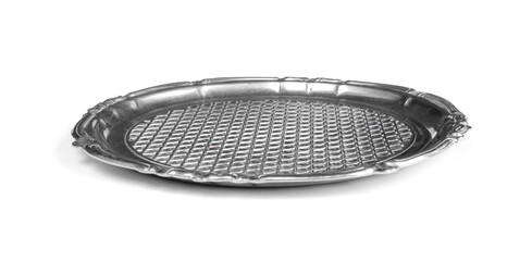 Silver metallic plate isolated on white background. Empty retro design platter 