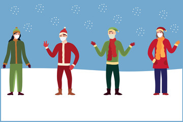 Fototapeta premium Set of cartoon cheerful children in Christmas costumes and masks on a winter background. Flat vector. New Year's party during quarantine. Boys and girls are celebrating Christmas outside. 