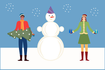 
Cartoon guy and girl in New Year's costumes with a snowman in cartoon style on a white background. Flat vector design. Christmas tree background. A man is holding a Christmas tree and a woman 