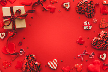 Valentine's day or Wedding romantic concept with Red hearts on red background. Top view, copy space. - obrazy, fototapety, plakaty