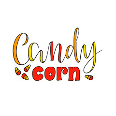 Vector illustration of candy corn brush lettering for banner, flyer, poster, clothes, confectionary or patisserie logo, advertisement design. Handwritten text for template, signage, billboard, print. 