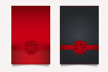Gift card background with red ribbon bow on black color texture template with blank copy space.
