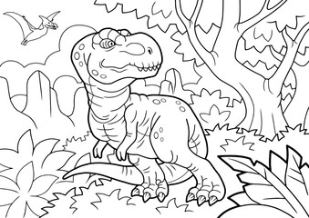 predatory prehistoric dinosaur tyrannosaurus, coloring book, funny illustration