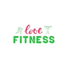 Vector illustration of love fitness lettering for banner, leaflet, poster, clothes, logo, advertisement design. Handwritten text for template, signage, billboard, printing. Brush pen lettering
