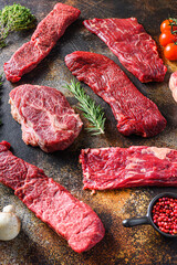 Organic set of raw alternative beef steaks  flap flank Steak, machete steak or skirt cut
