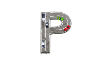 The letter P of the English alphabet made from an asphalt road on which cars are driving, 3D illustration