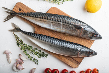 Whole mackerel with ingredients on white textured background, flat lay