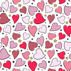 Seamless pattern of hand drawn hearts and stars. Pink and red hearts on white background. Template on the theme of love, weddings and Valentine's Day. Vector illustration