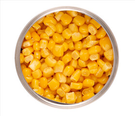 Canned sweet corn in metal cans, isolated on white background. Pickled corn. Top view.