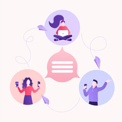 Chat people for concept design. Vector text. Business people teamwork. Social media concept. Flat vector character illustration. Characters talking.