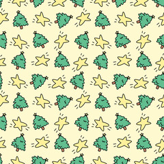 Yellow seamless pattern with stars and christmas trees. Christmas and New Year design.