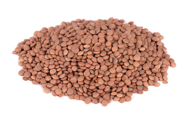 Brown lentils beans isolated on white background.