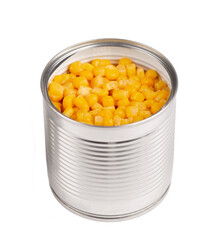 Canned sweet corn in metal cans, isolated on white background. Pickled corn.