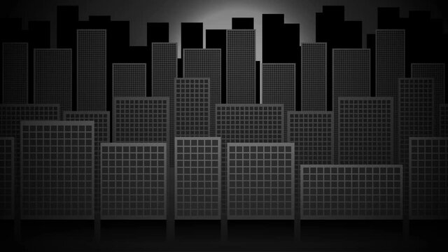Cartoon flat black and white night city at moon light loop seamless animation motion background