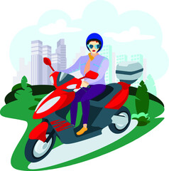 Fototapeta na wymiar Elegant lady rides a scooter on a modern city background. A woman in a helmet on an electric motorcycle in a green zone, active lifestyle, ecological urban transport vector flat style