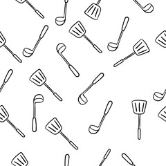 Hand drawn ladle and spatula in one stroke style, simple flat vector illustration, seamless pattern