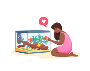 Vector illustration of young woman is communicating with fishes, best pet friends. Girl loves fishes, take care about aquarium.